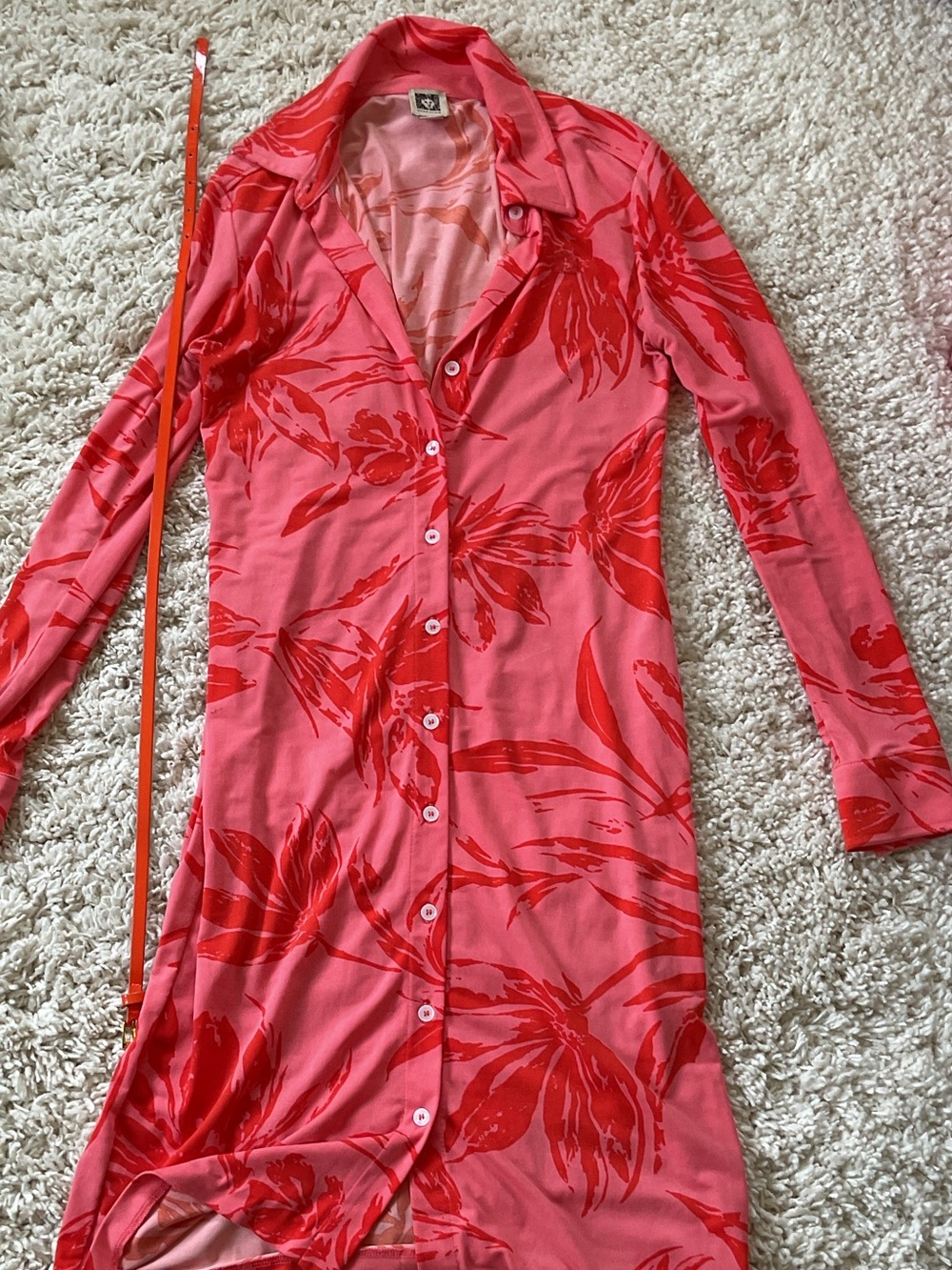 Anne Klein Floral Long Sleeve Button Dress with Belt